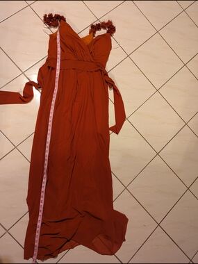 Rust Red Floral-Shoulder Maxi Dress with Tie Waist